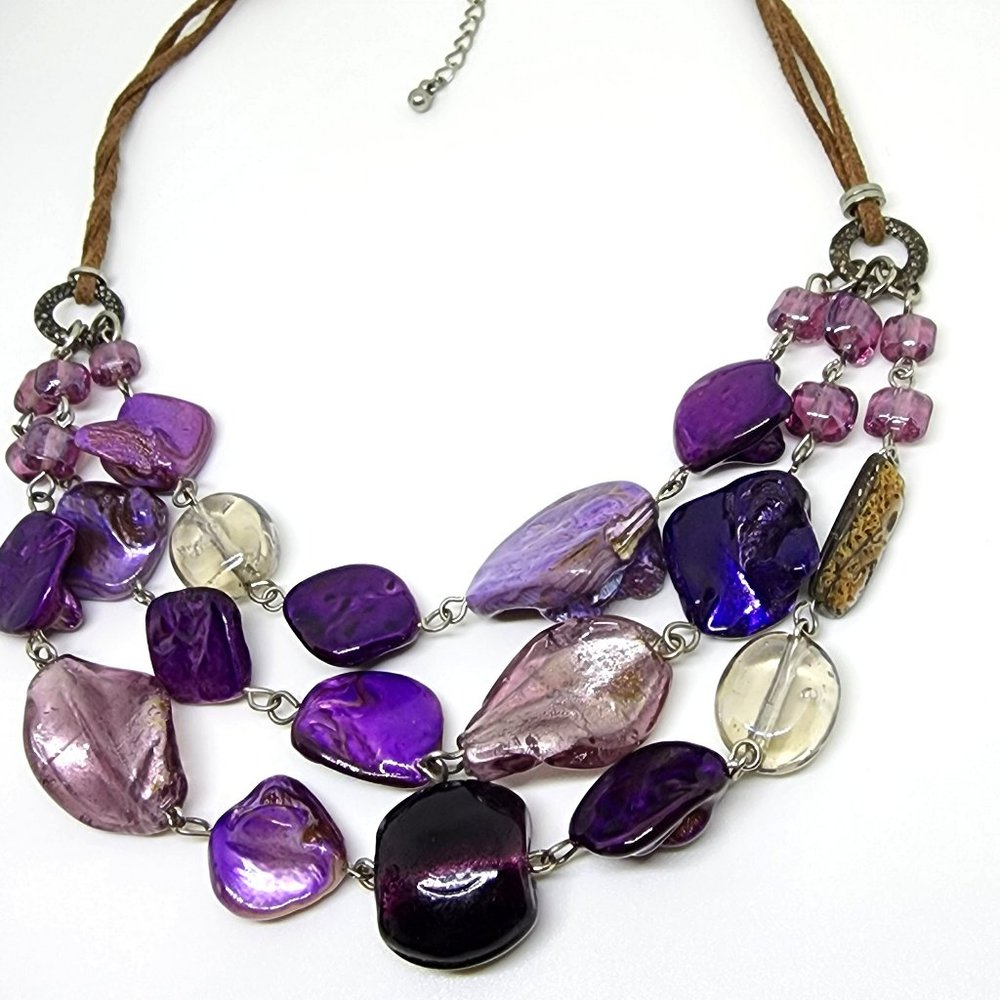 Purple Glass and Abalone Mother-of-Pearl Triple Strand Leather Chain Necklace - Picture 4 of 14